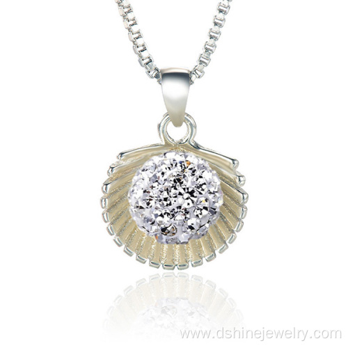 Silver Plated Shell Shape Crystal Shamballa Beads Necklace